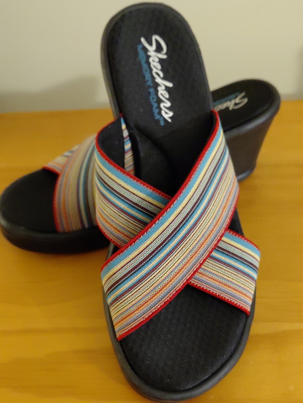 Skechers Black Wedge Mules with Multicolor Striped Crisscross Straps EUC